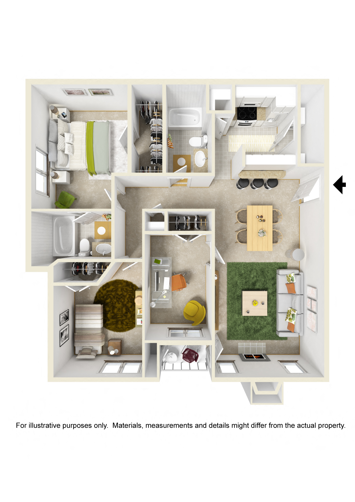 Floor plan for 2 beds, 2 baths, 1225 sqft